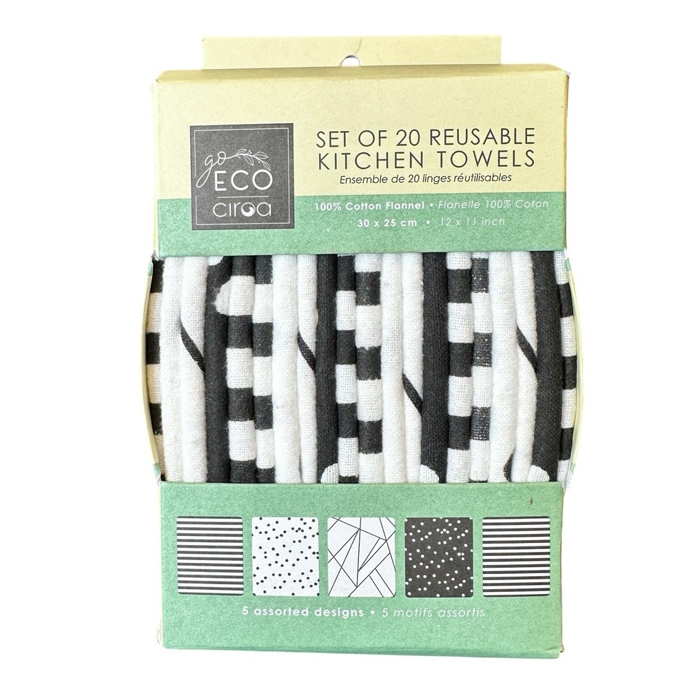 Ciroa Go Eco Reusable Kitchen Towels Set of 20 Cotton Flannel Black White NWT